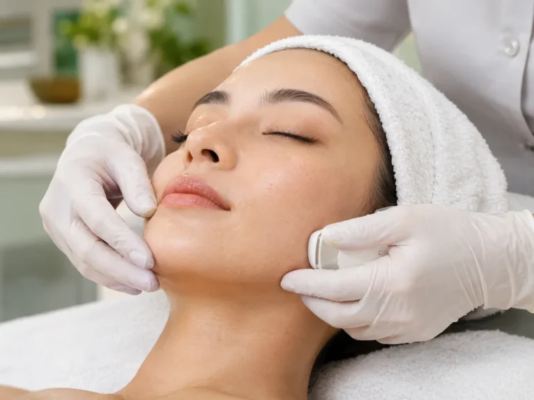An aesthetic practitioner gives a client a facial treatment.