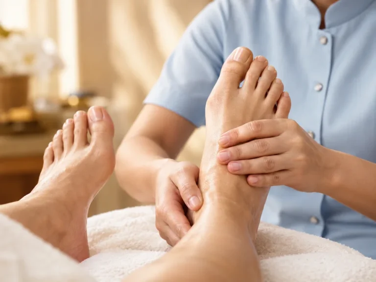 A therapist massages a client's foot during a foot massage treatment.