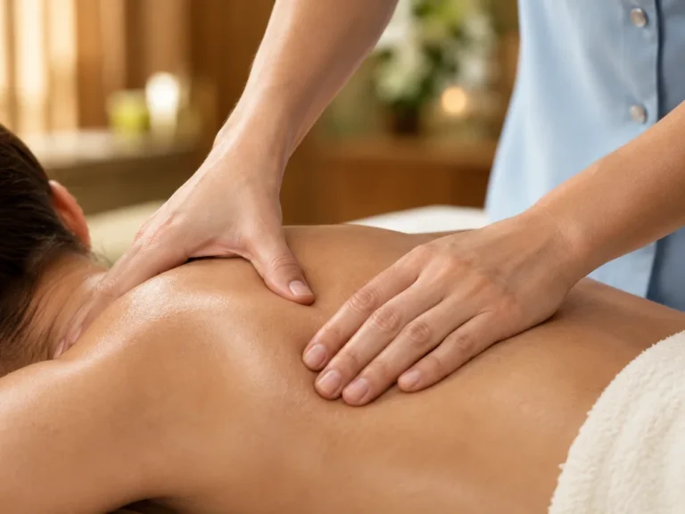 A therapist gives a client a back massage in a spa.