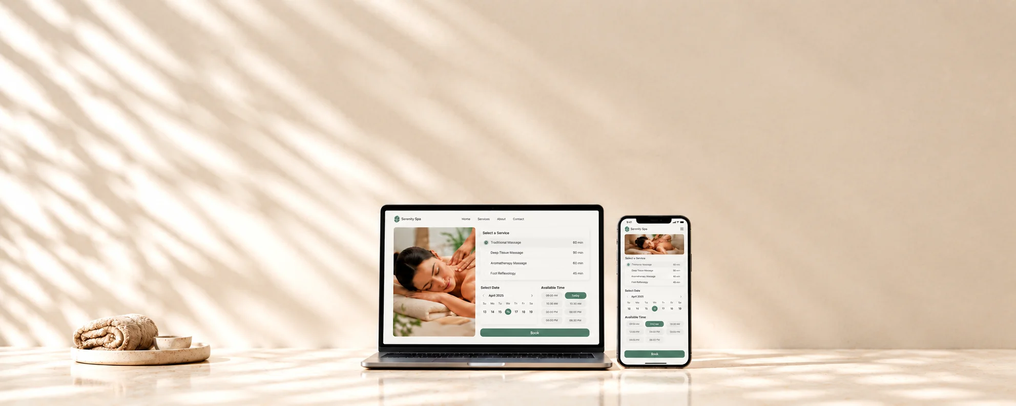 Concept image of a spa appointment booking website displayed on a laptop and smartphone.